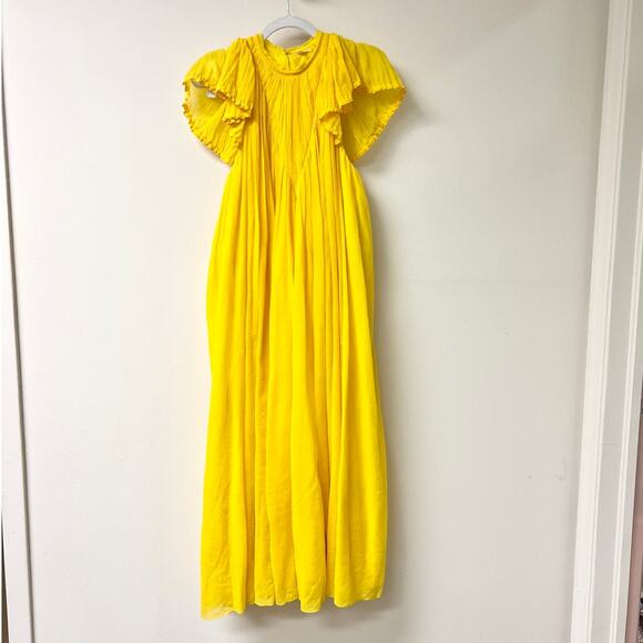 Chloe Flutter Sleeve Pleated Virgin Wool Midi Dress Truly Yellow Women's 36 / 4 - Picture 2 of 6